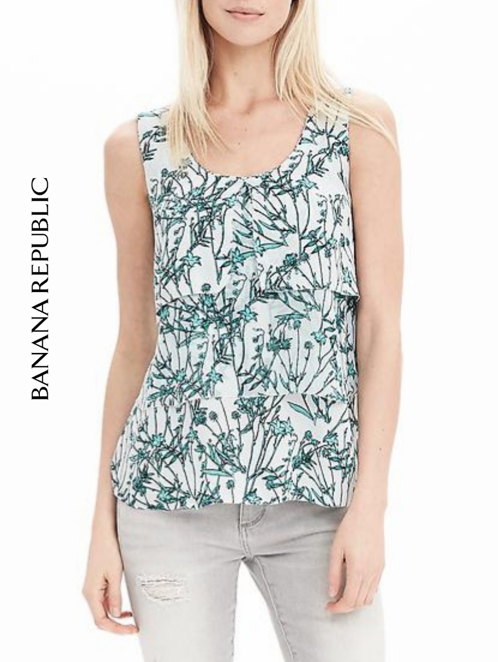 XSP Banana Republic Tiered Sleeveless Top, Blue Green Print